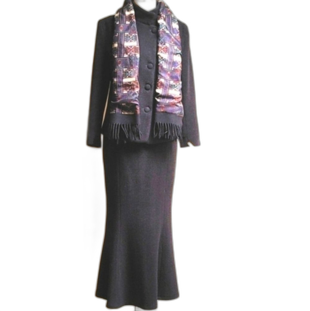 Wool Winter Jacket & Maxi Skirt Charcoal with Chevron Weave Size 6